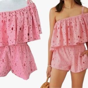 Anthropologie Pink Eyelet Women Romper off the Shoulder